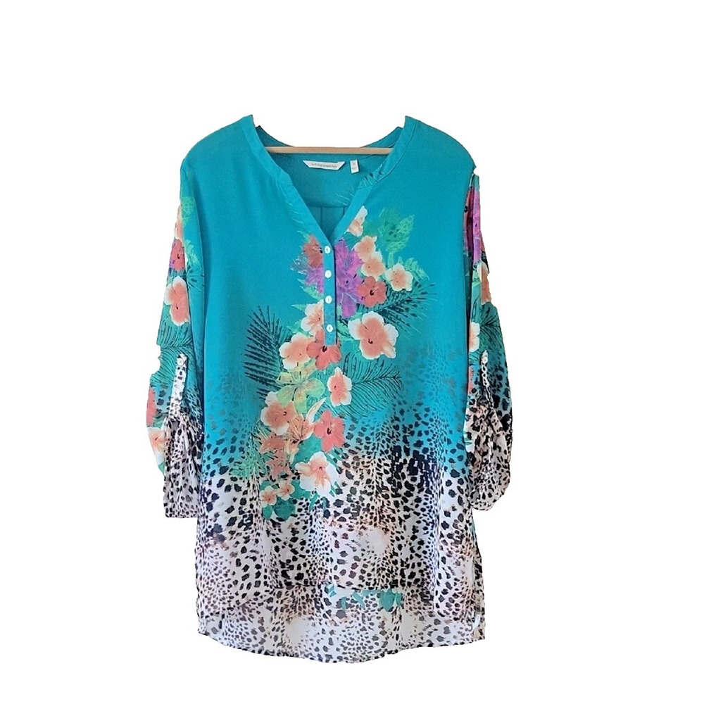 Soft Surroundings Teal Floral Leopard Tunic 1X Sheer Chiffon Lagenlook Boho